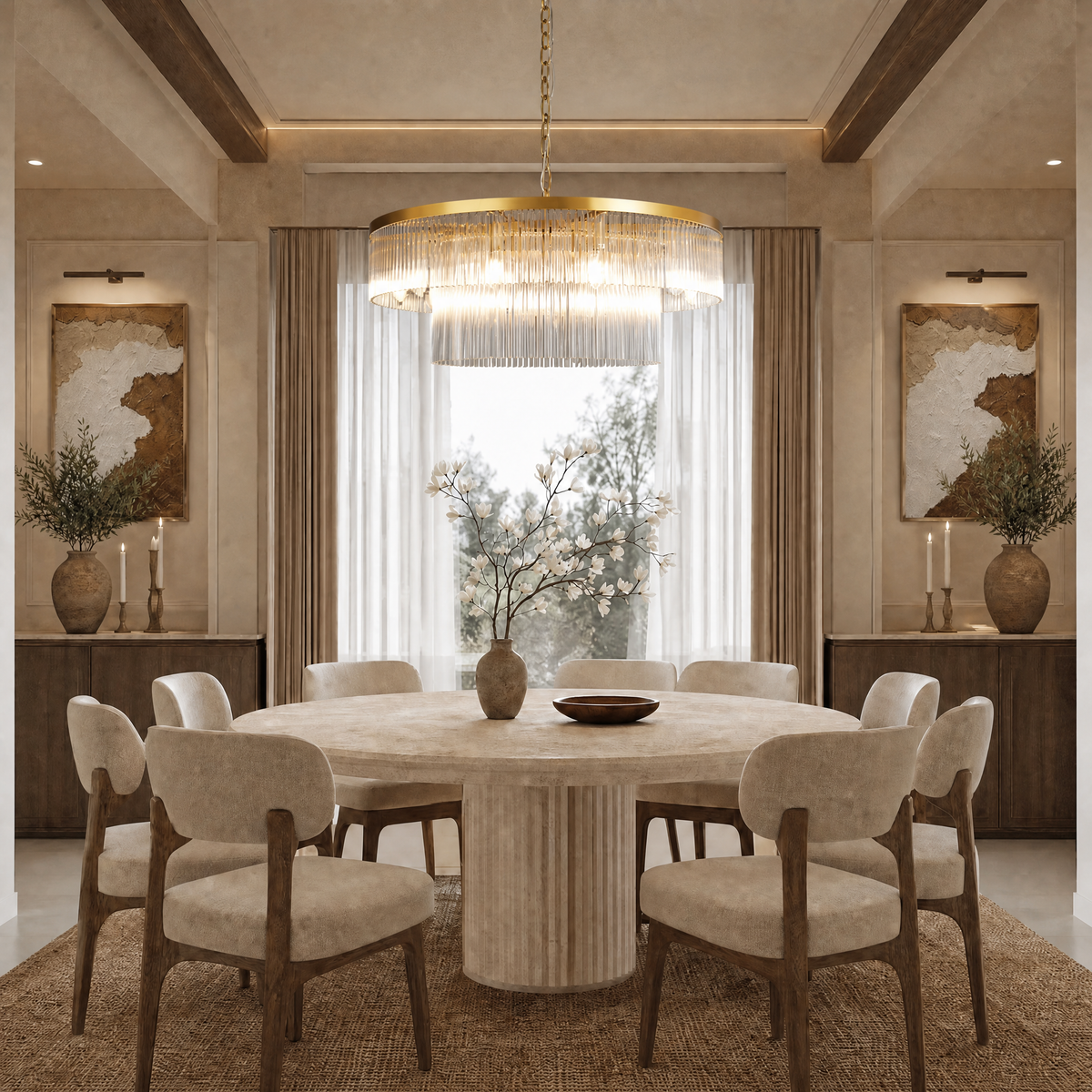 Two-Tier Striped Column Round Pendant D800 - Gold