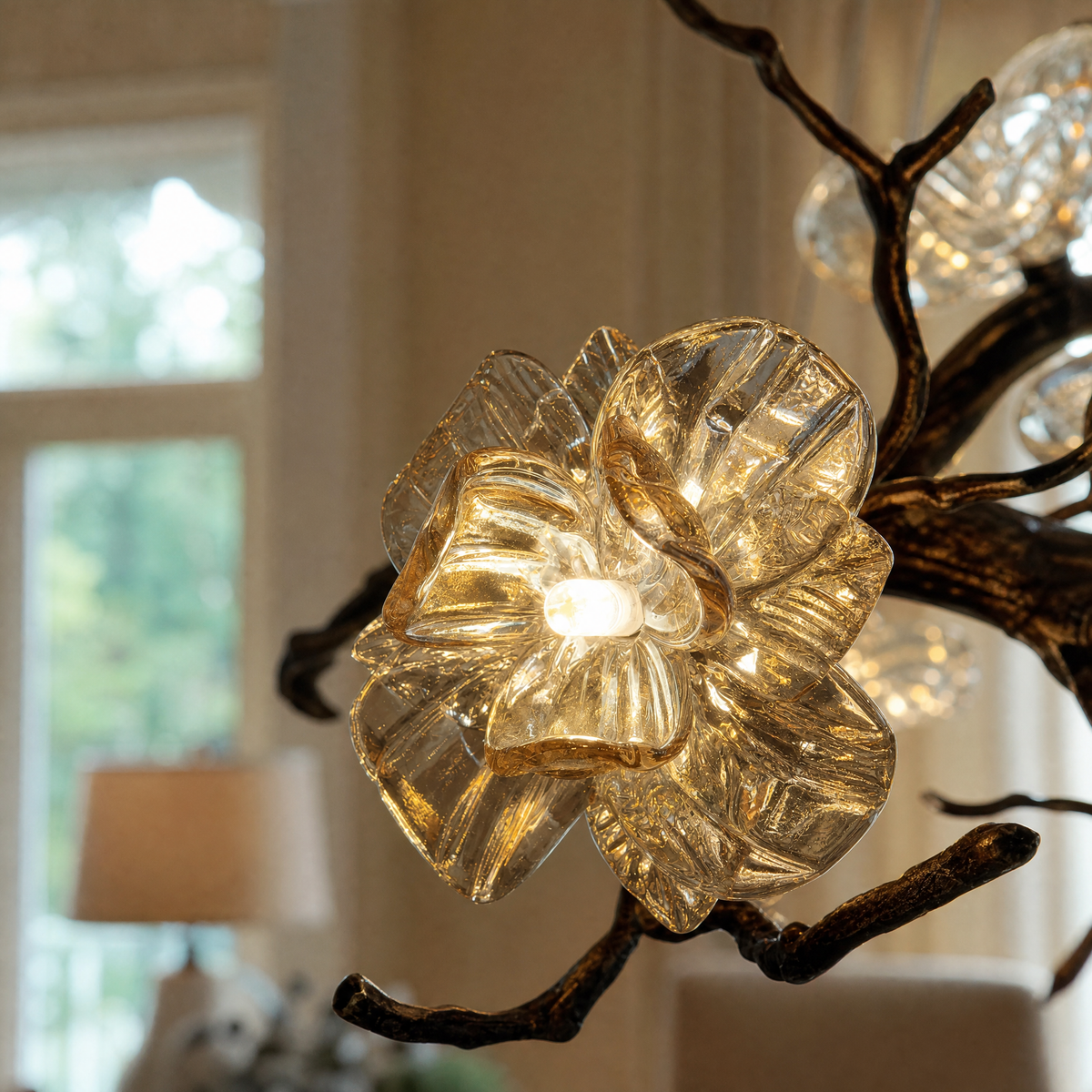 Antique Brass Branch Chandelier with Frosted Glass Blossom Shades