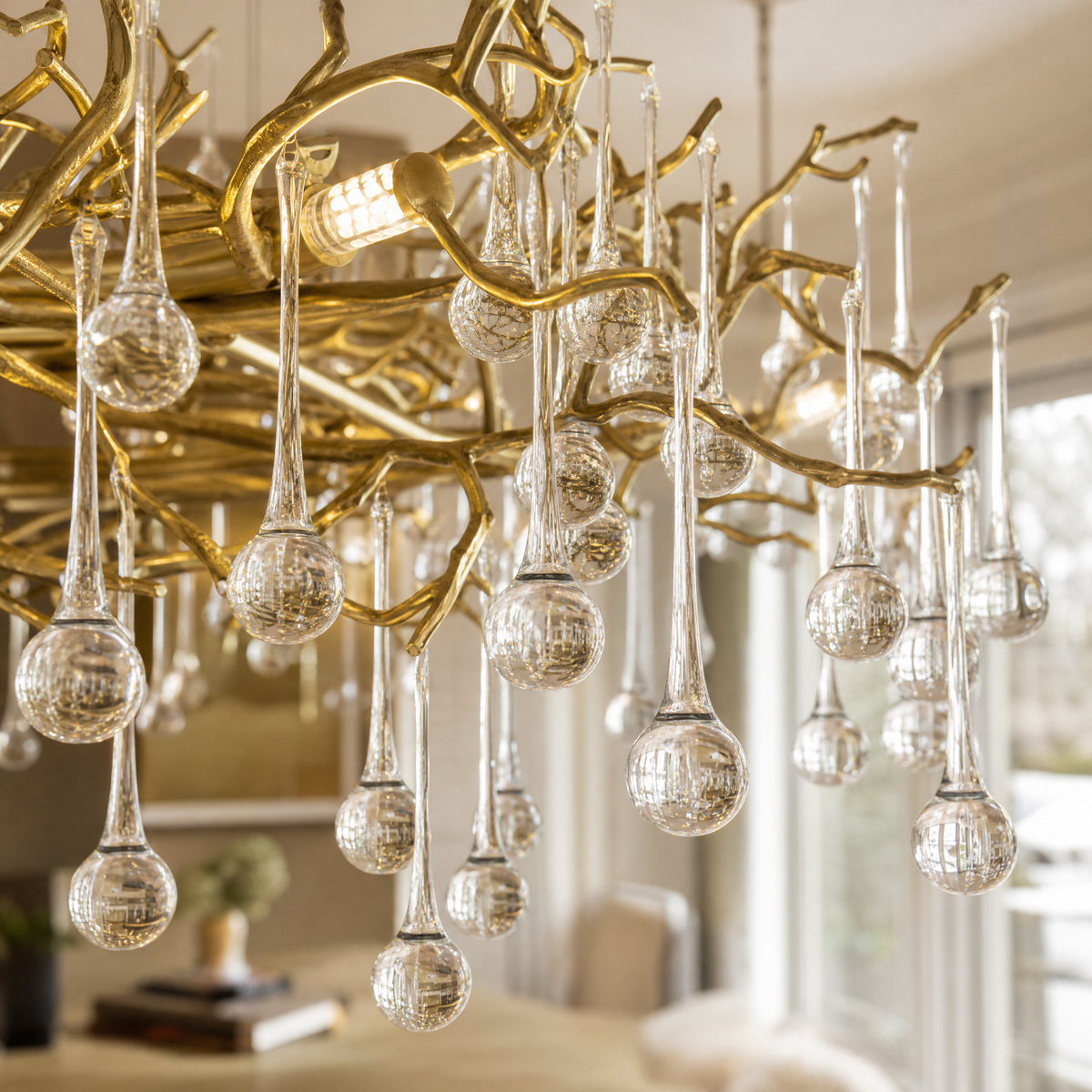 Gold Metal Branch Crystal Raindrop Chandelier