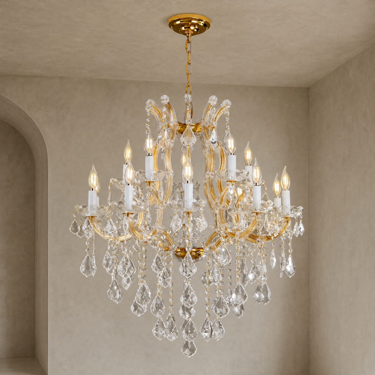 30" 15-Light 2-Tier Maria Theresa Crystal Chandelier - Gold