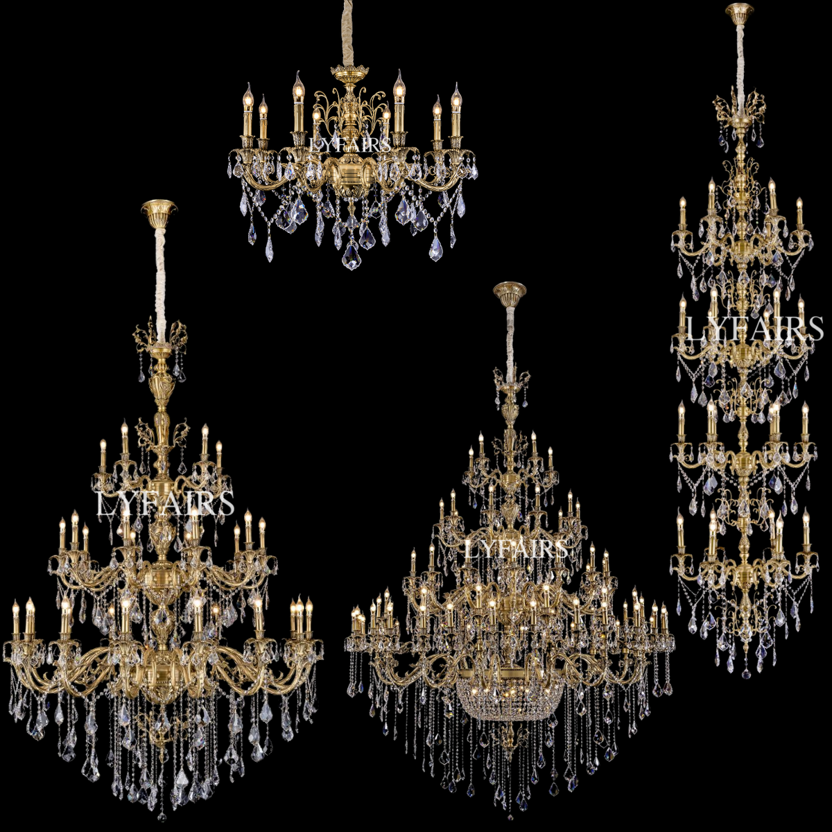 Baroque Revival Unique Patterned Antique Brass Chandelier Set