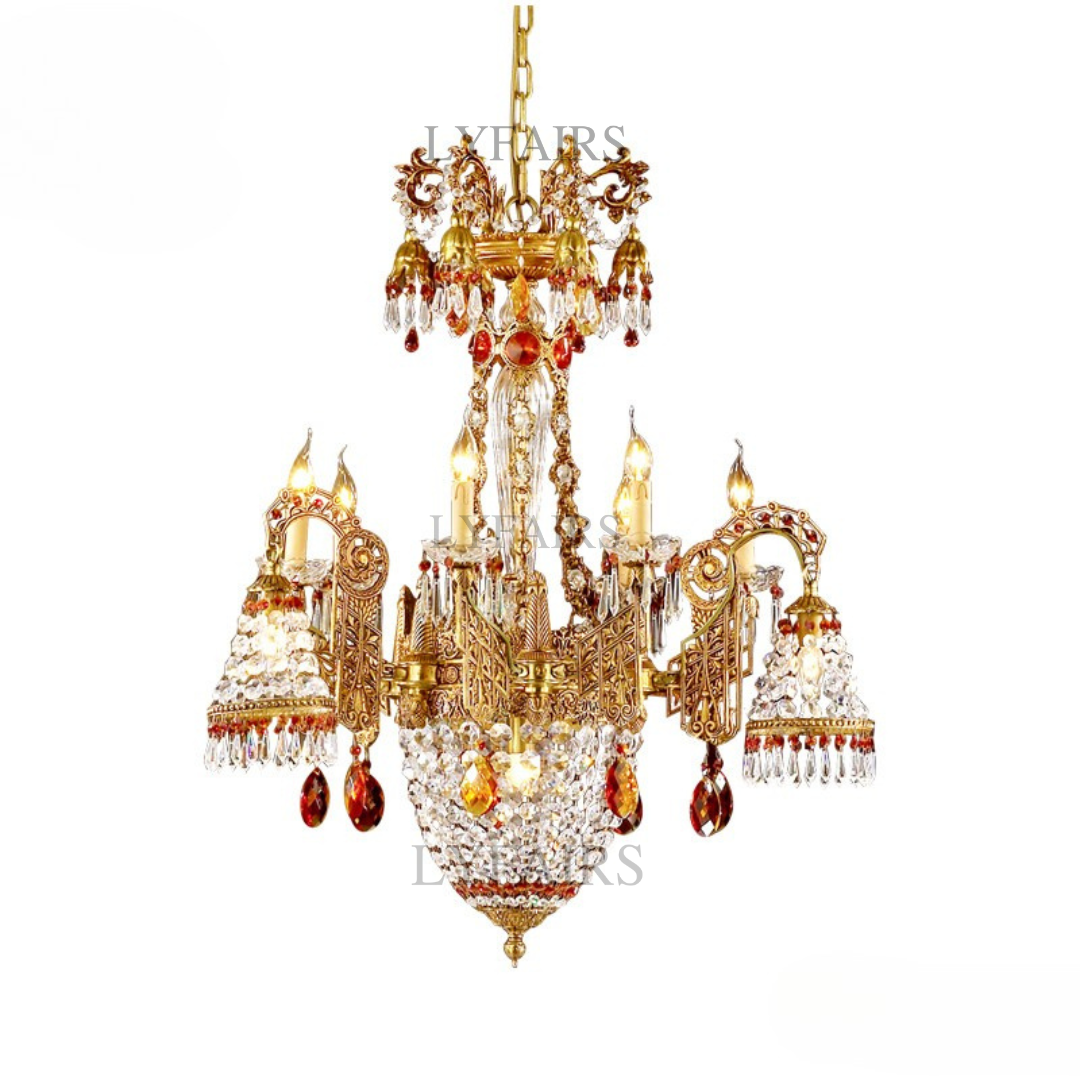 Gilded Baroque Splendor in Amber Flame Crystal Chandelier