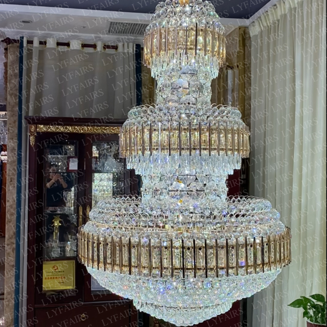 Golden Era Grand Cascade Amber&Clear Crystal Chandelier for High-ceiling