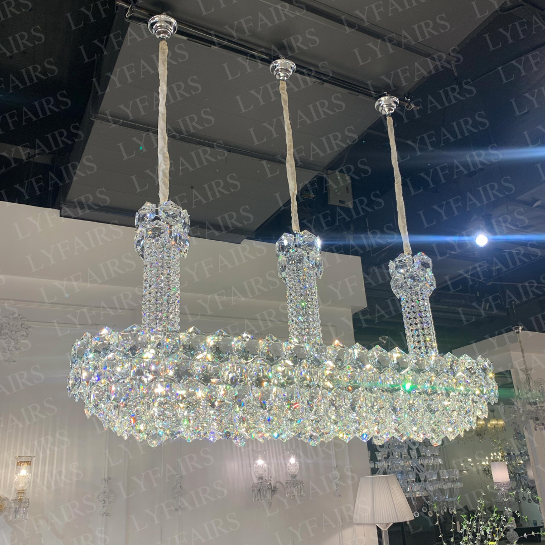 Lyfairs Titanic Chandelier for luxury dining room. Perfect for long dining table lighting. Large ship-style crystal chandelier