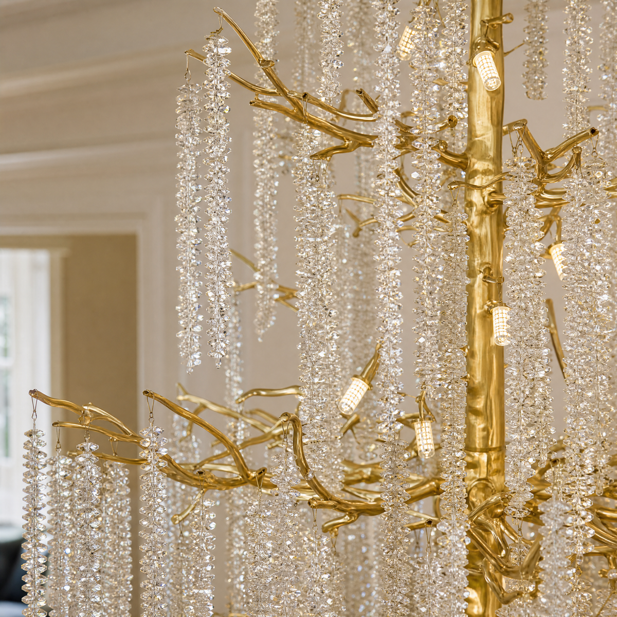 Gold Branch Chandelier with Cascading Crystal Raindrop Strands