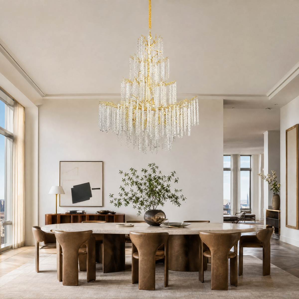 Gold Branch Chandelier with Cascading Crystal Raindrop Strands