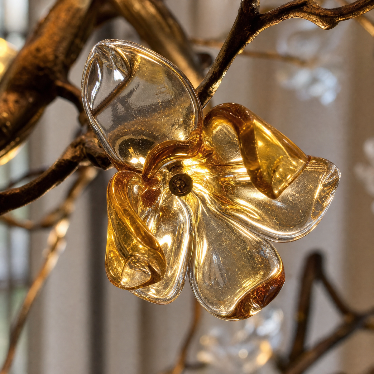 Gold Cascading Branch Chandelier with Crystal Glass Blossoms
