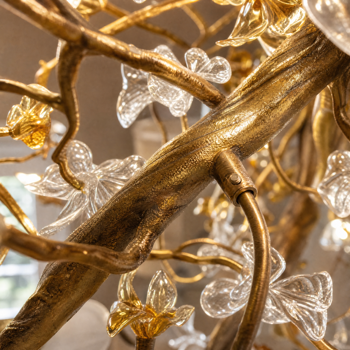 Gold Cascading Branch Chandelier with Crystal Glass Blossoms