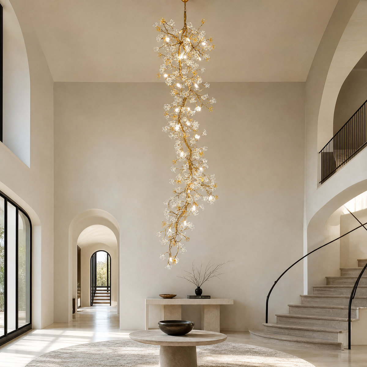 Gold Cascading Branch Chandelier with Crystal Glass Blossoms