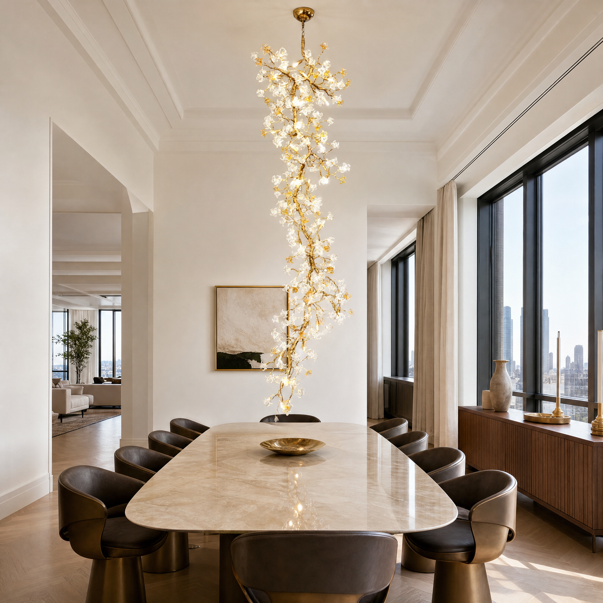 Gold Cascading Branch Chandelier with Crystal Glass Blossoms