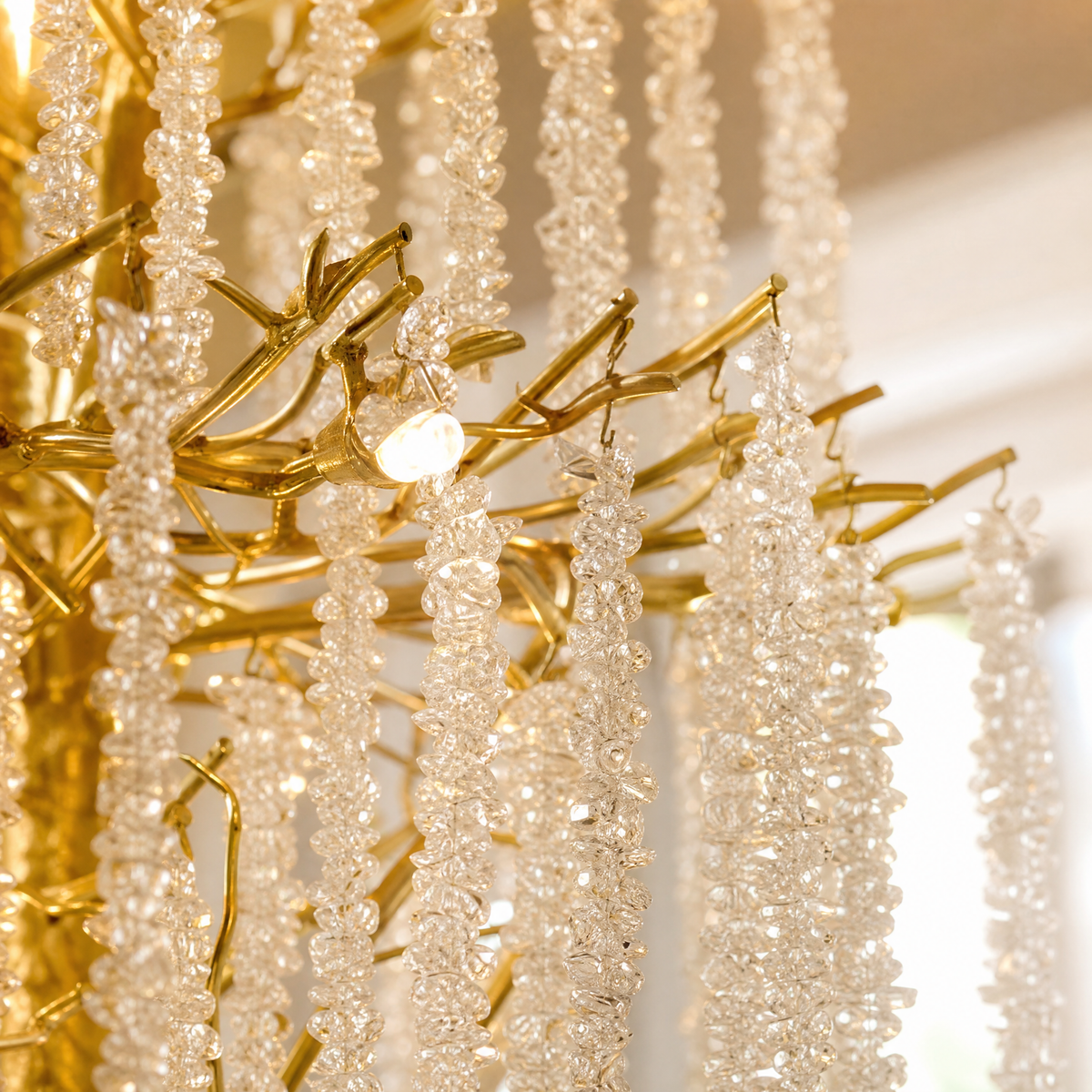 Tiered Gold Branch Chandelier with Cascading Crystal Droplets