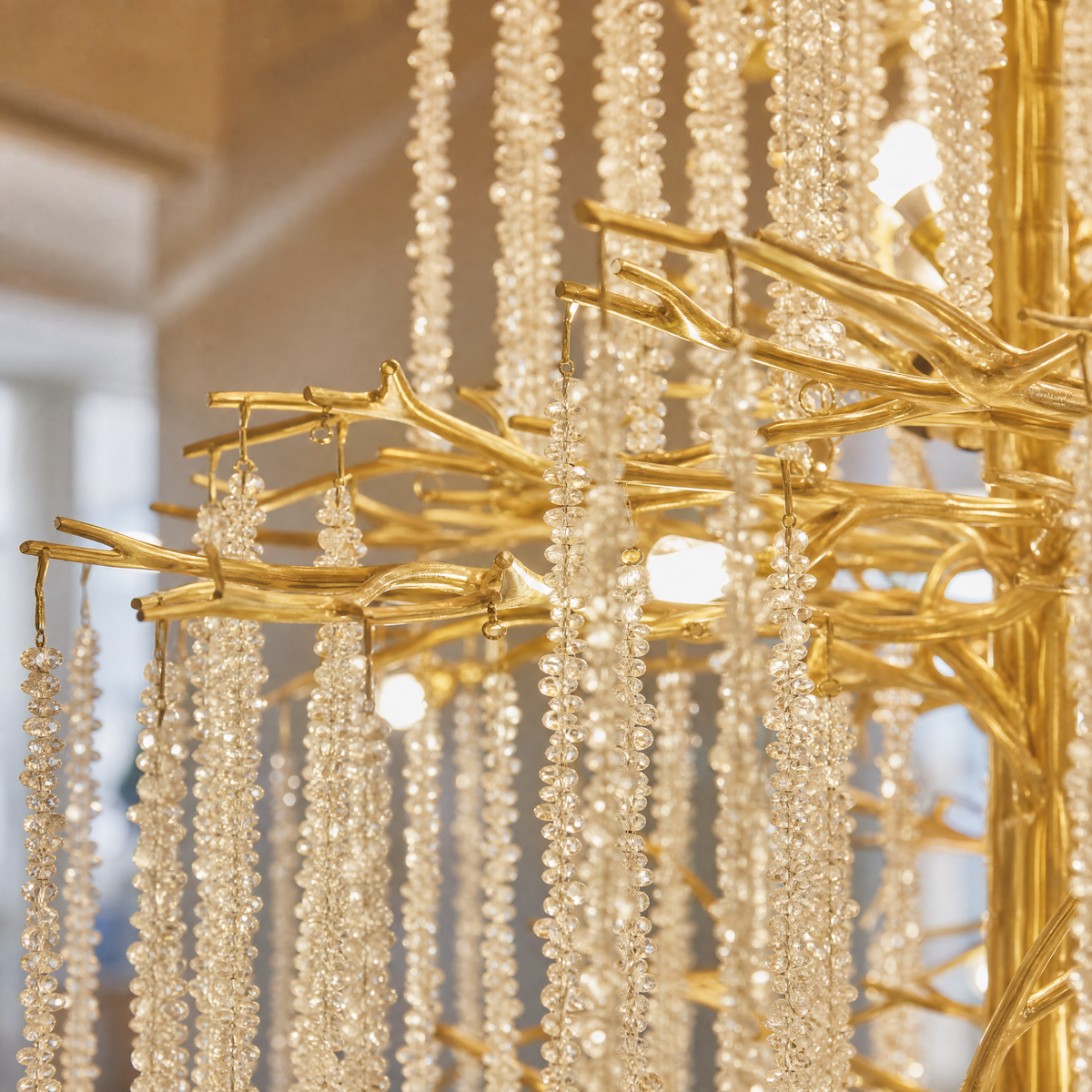 Tiered Gold Branch Chandelier with Cascading Crystal Droplets