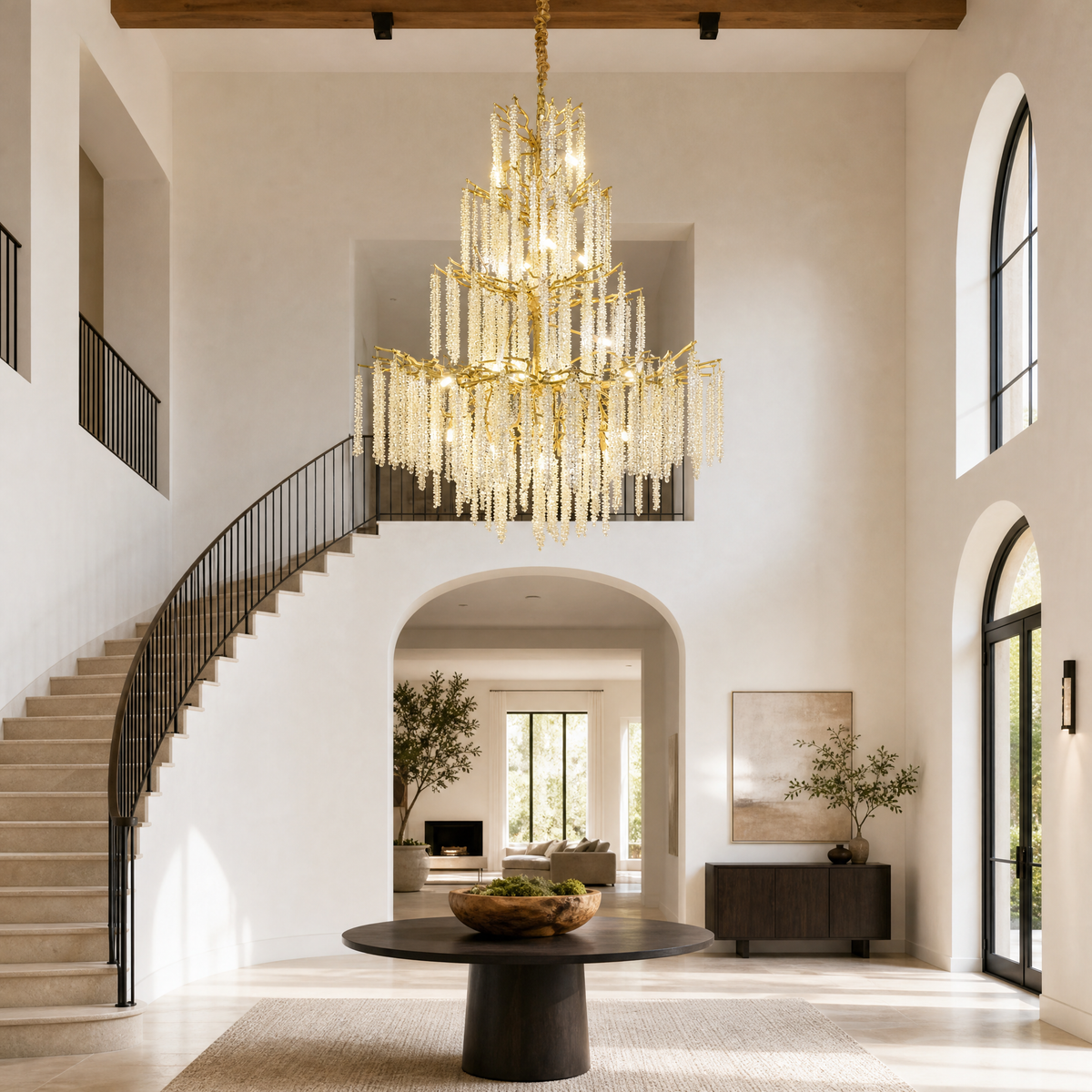 Tiered Gold Branch Chandelier with Cascading Crystal Droplets