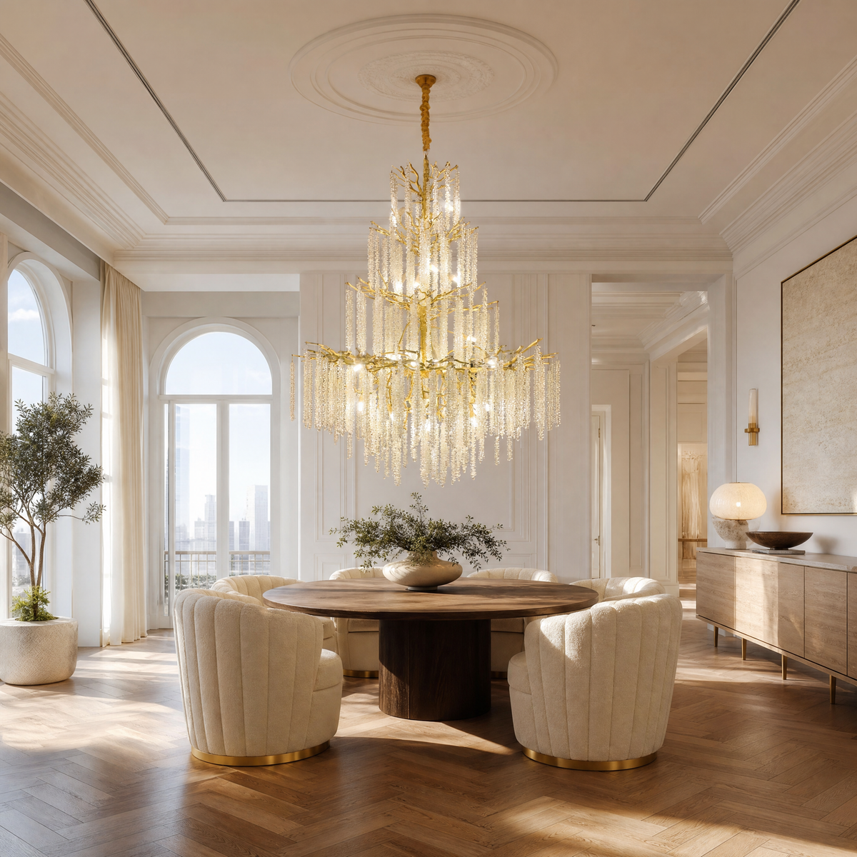 Tiered Gold Branch Chandelier with Cascading Crystal Droplets