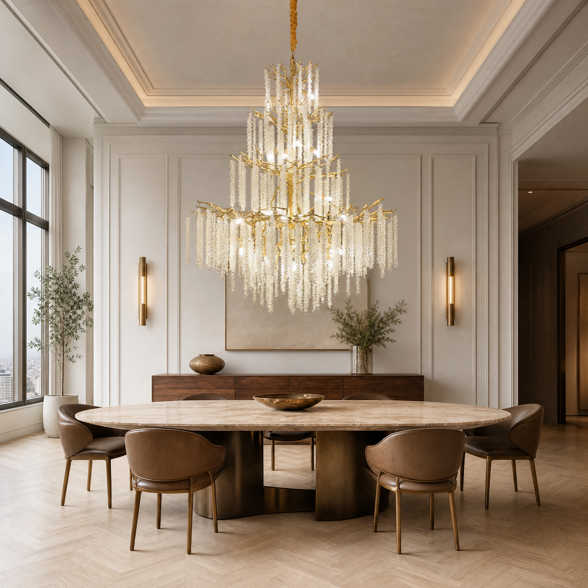 Tiered Gold Branch Chandelier with Cascading Crystal Droplets