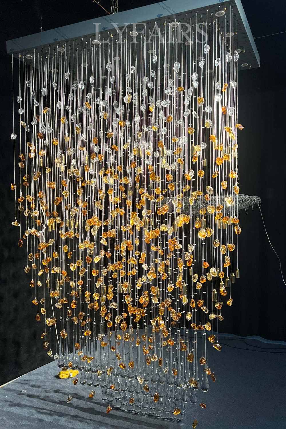 Modern Waterfall Glass Gem Stone&Teardrop Chandelier With Rectangle Canopy for Villa/Hotel/Entryway/Living Room