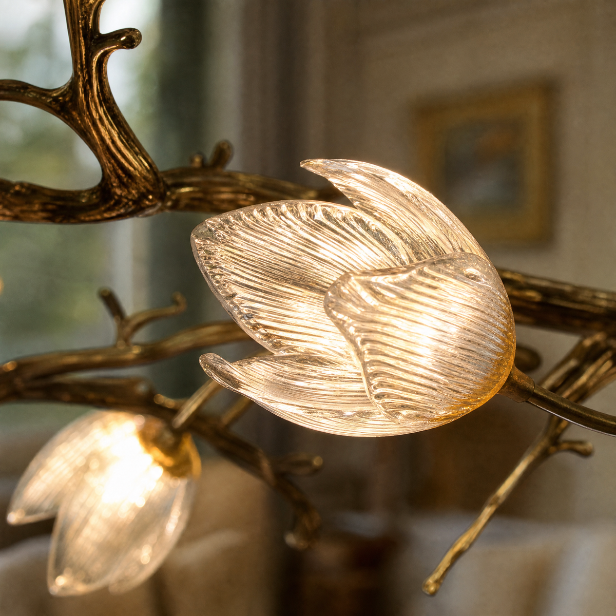 Antique Brass Metal and Frosted Glass Magnolia Branch Chandelier
