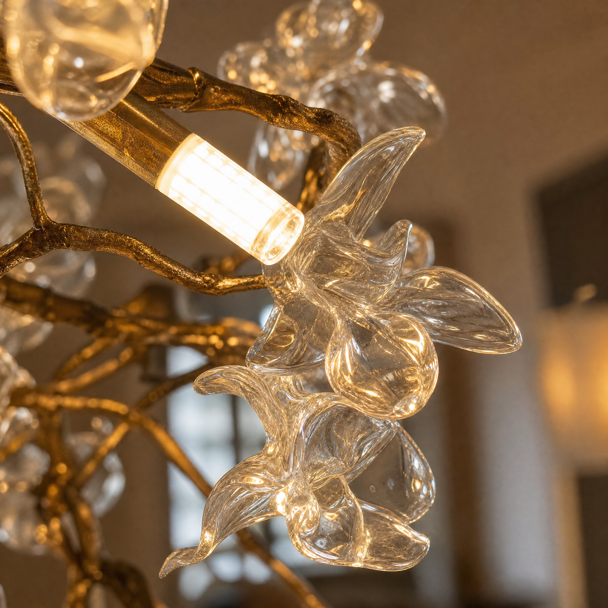 Glass Blossom Branch Chandelier in Antique Brass