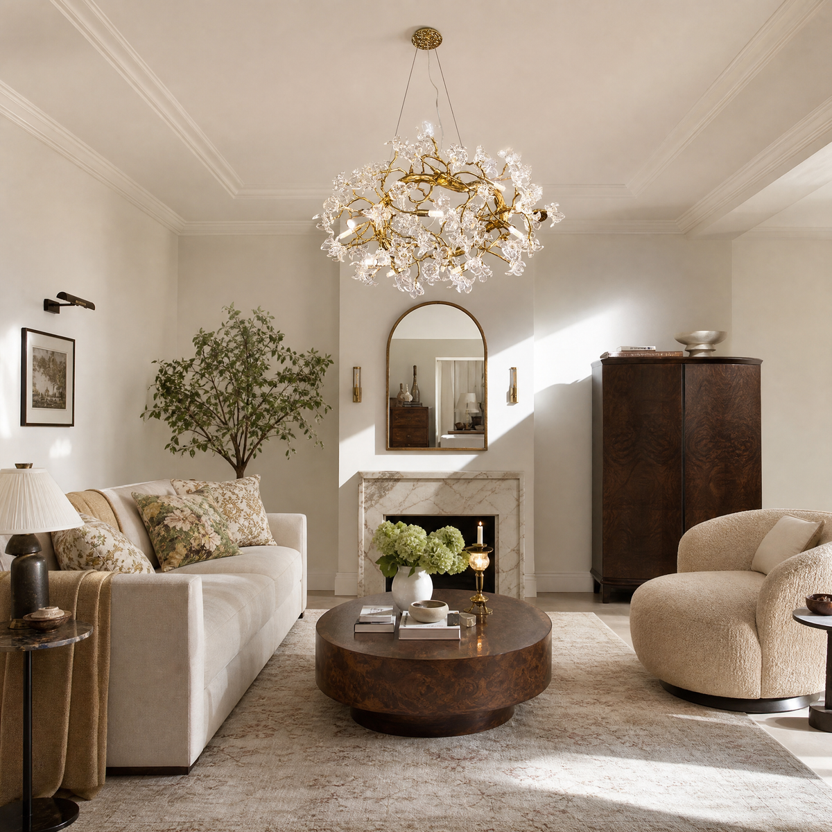 Glass Blossom Branch Chandelier in Antique Brass