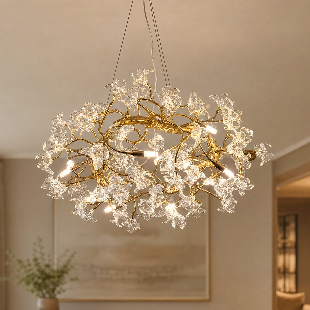 Glass Blossom Branch Chandelier in Antique Brass