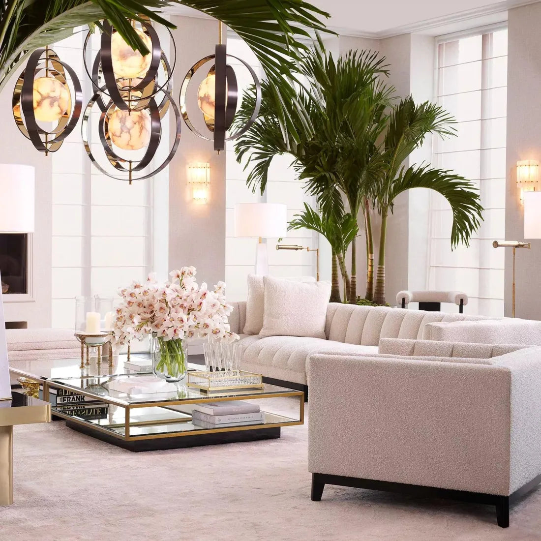 Pearl Alabaster Chandelier with Rotatable Bronze & Gold Rings