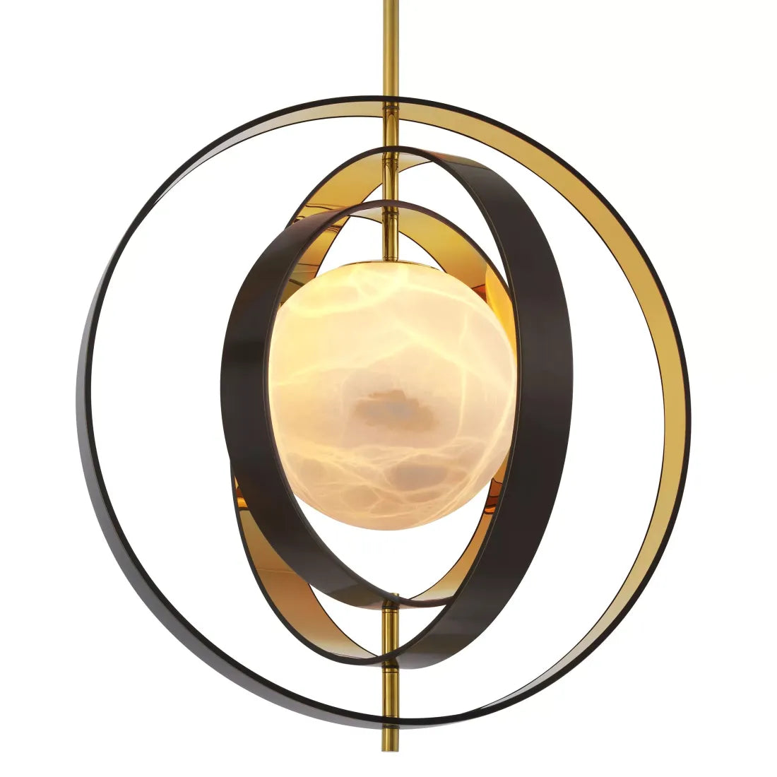 Pearl Alabaster Chandelier with Rotatable Bronze & Gold Rings