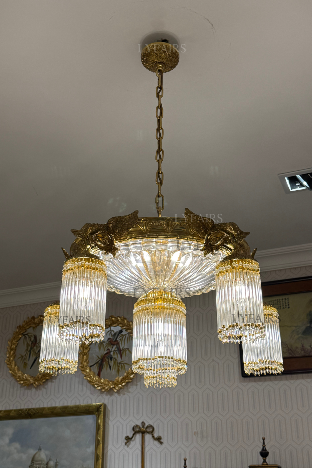 Baroque Brass Birds Handcrafted Glass Rods Chandelier