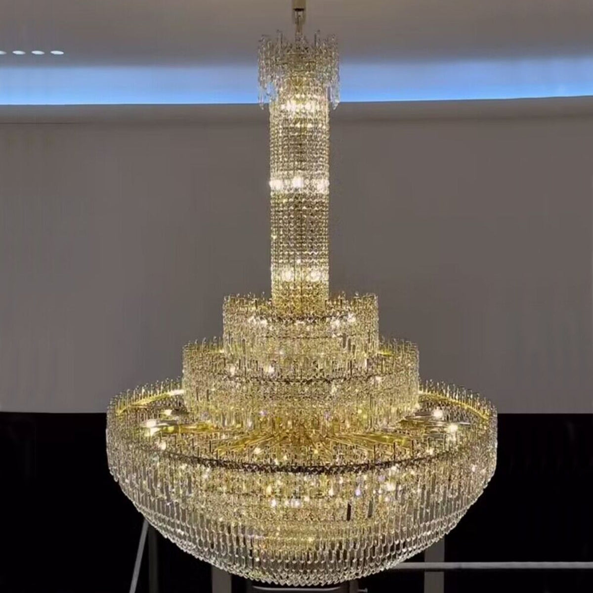 Luxury Oversized Gold European Crystal Chandelier 3-tiered Medium-length for Foyer/Staircase/Hallway/Entrway
