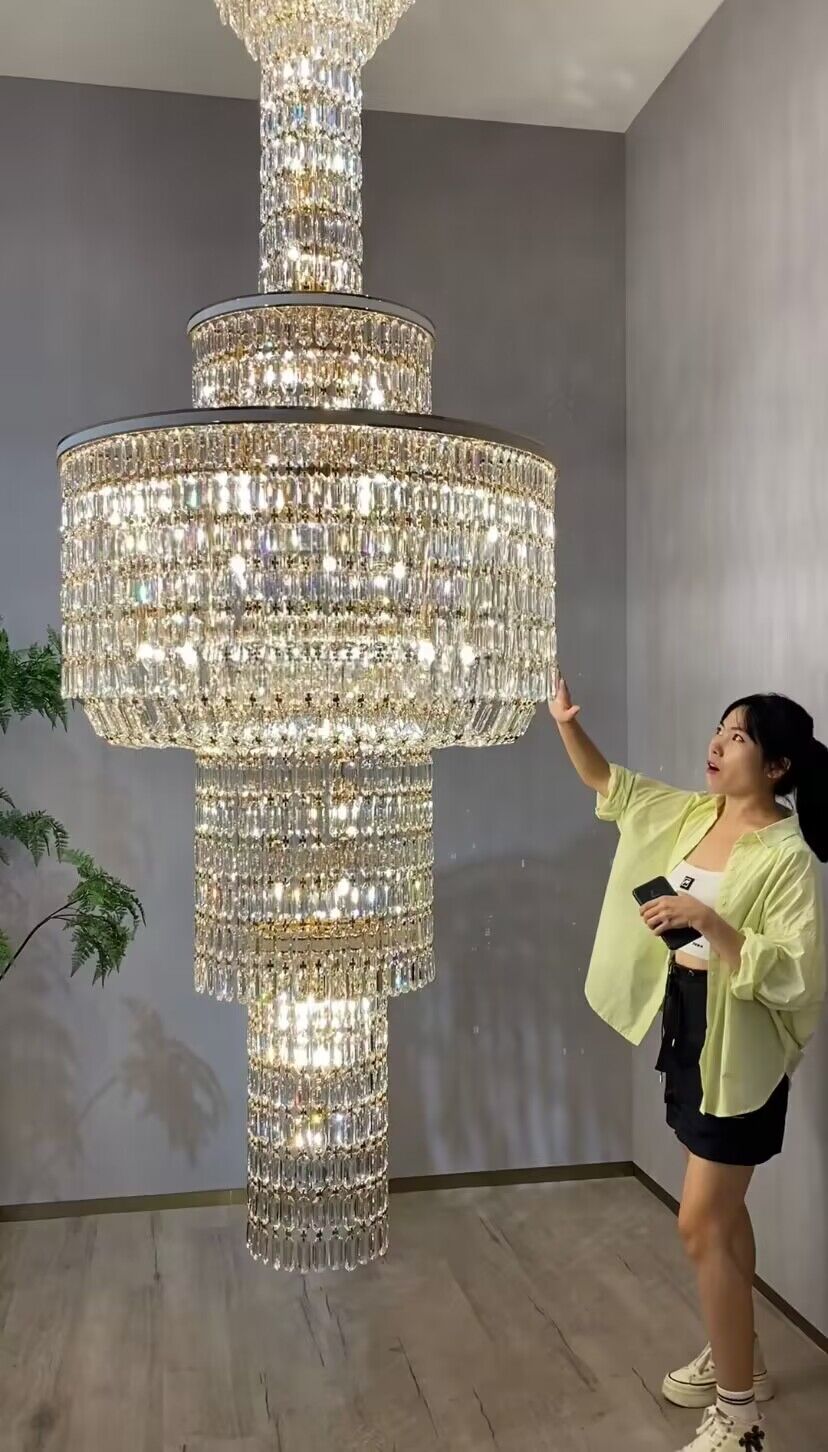 Extra Large Muti-tiered Round Crystal Chandelier with White Leather for High-ceiling
