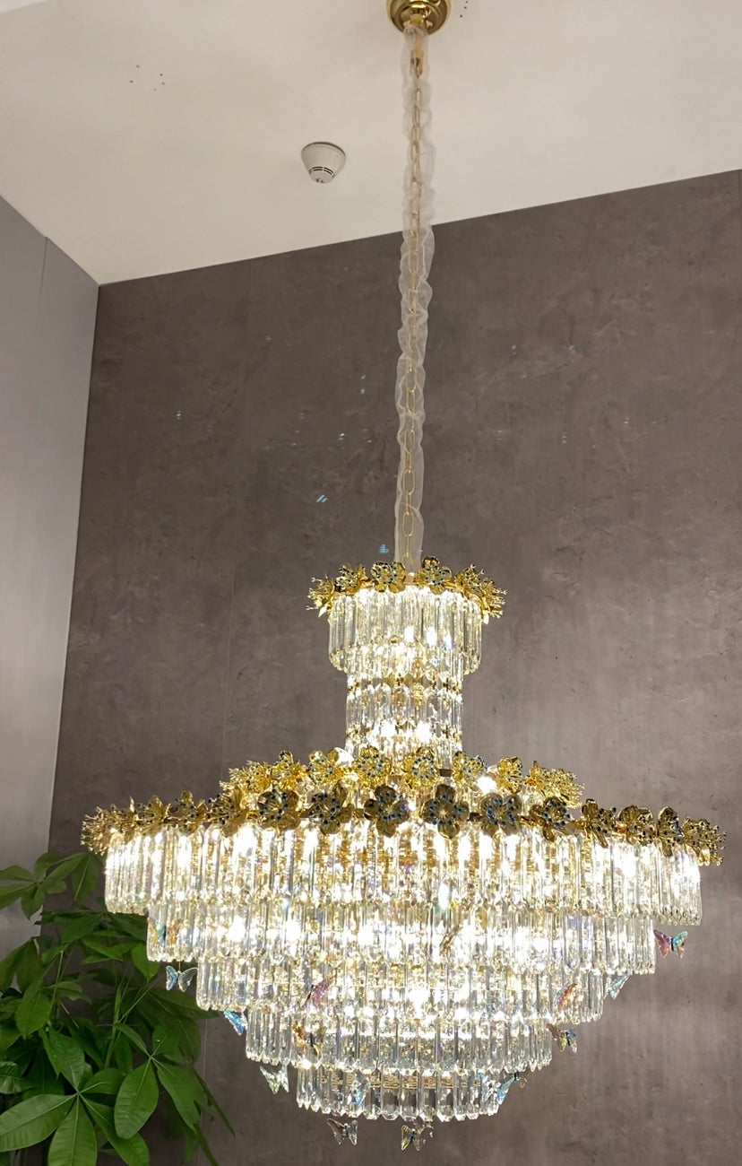 Modern Light Luxury Multi-tiered Round Ctystal Chandelier for Living Room/Staircase/Foyer, gold finish, butterfly ,flower