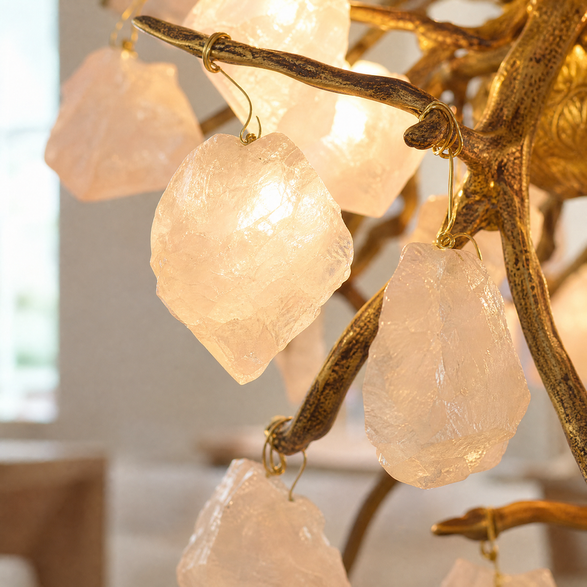 Rose Quartz Branching Crystal Chandelier in Warm Brass