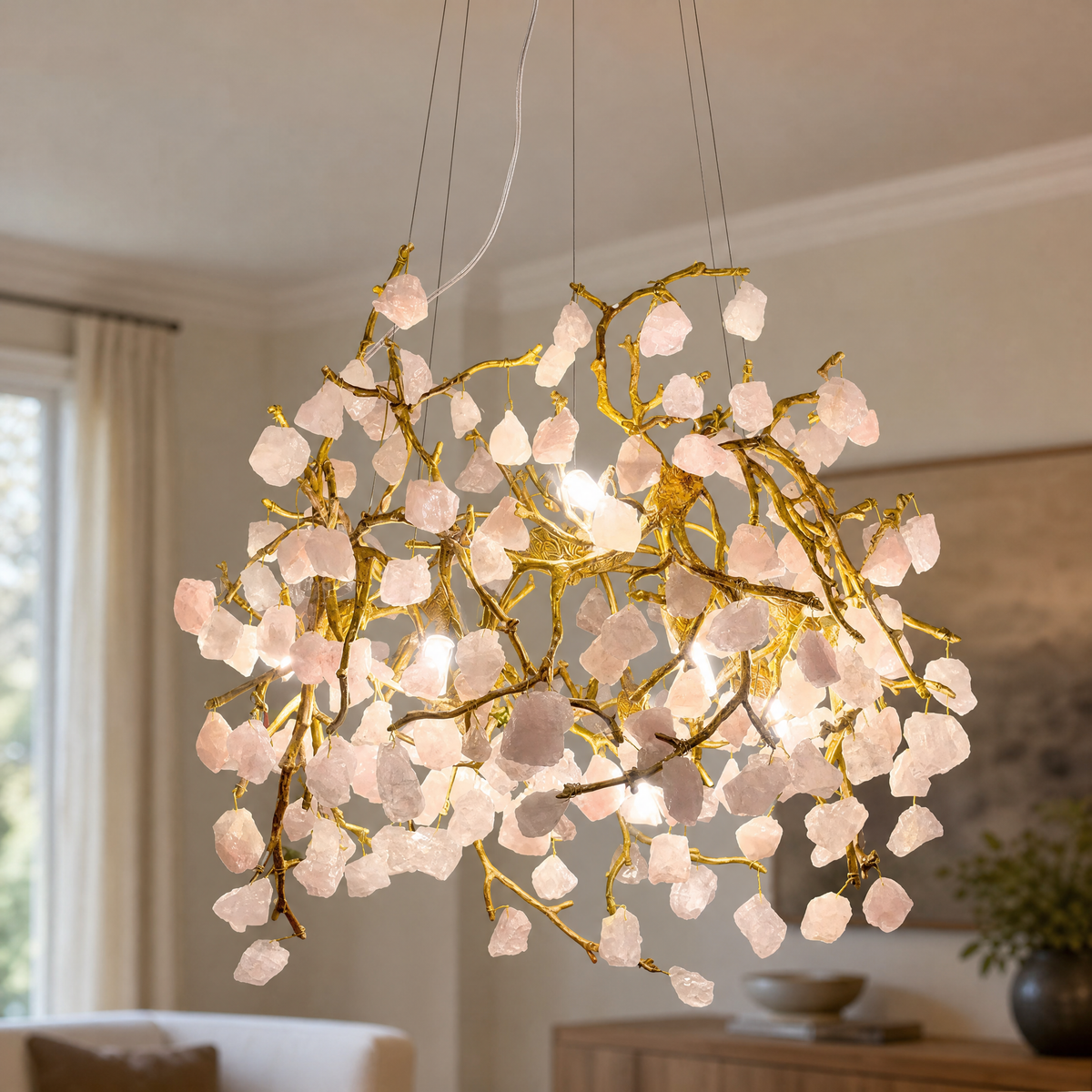 Rose Quartz Branching Crystal Chandelier in Warm Brass