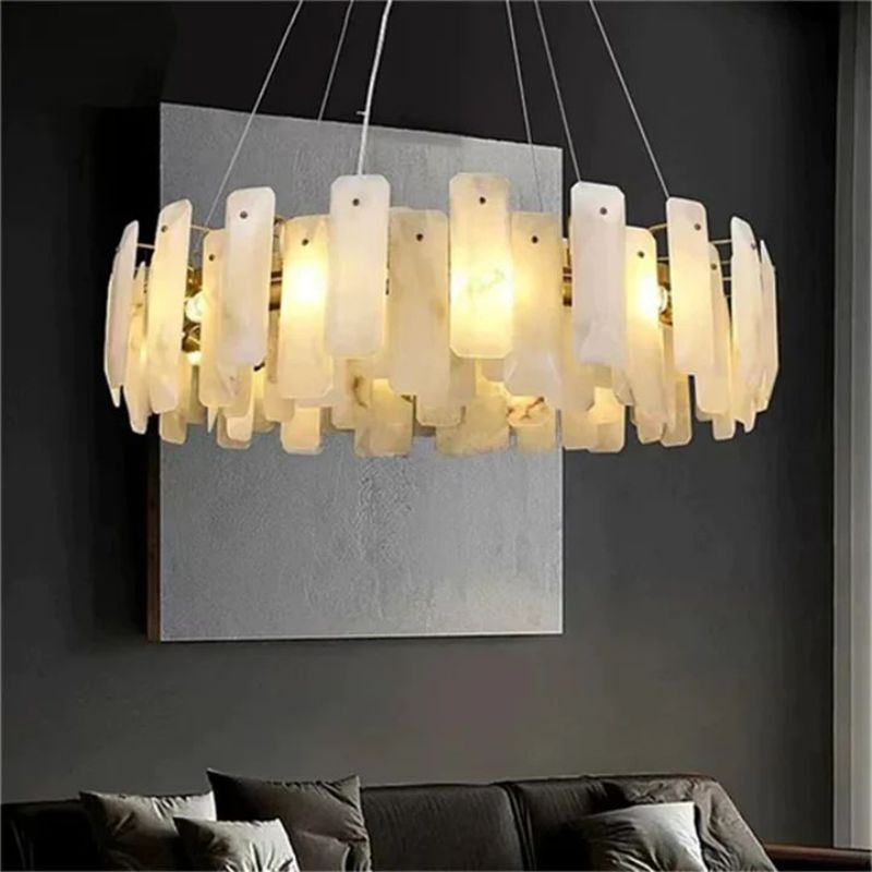 Abriel Modern Solid Brass Alabaster Round Chandelier For Living Room