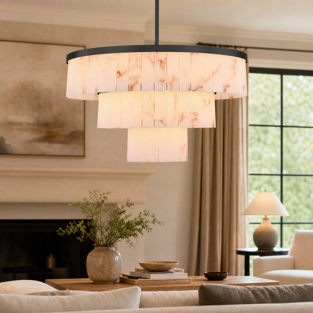 34.3" 3-Tier Alabaster Round Chandelier - Black