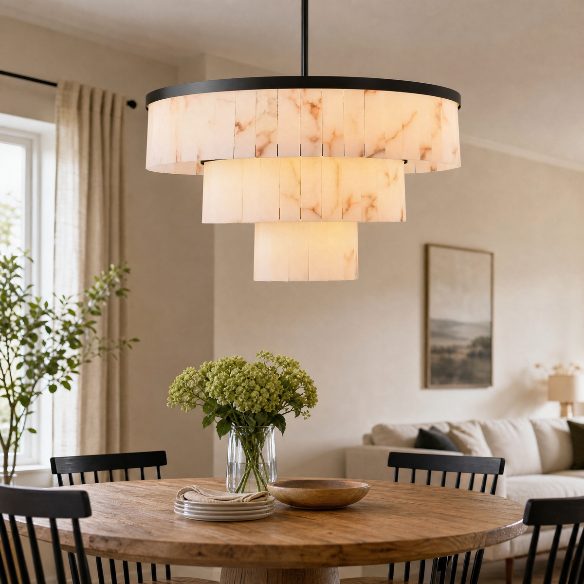 34.3" 3-Tier Alabaster Round Chandelier - Black