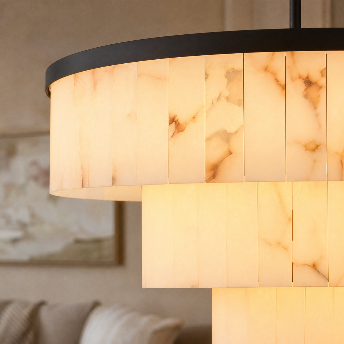 34.3" 3-Tier Alabaster Round Chandelier - Black