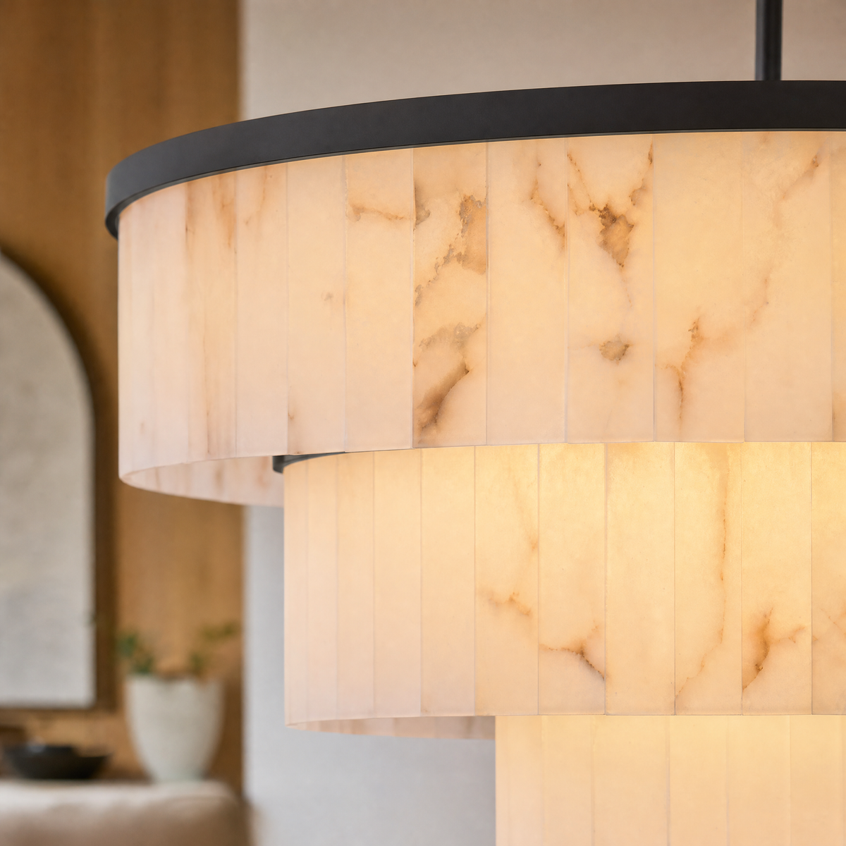 34.3" 3-Tier Alabaster Round Chandelier - Black