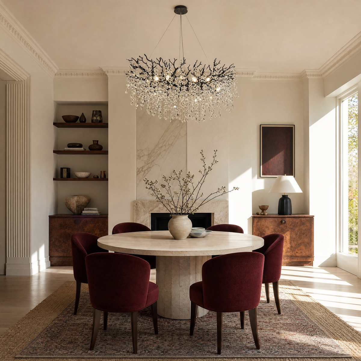 Matte Black Metal and Crystal Branch Chandelier