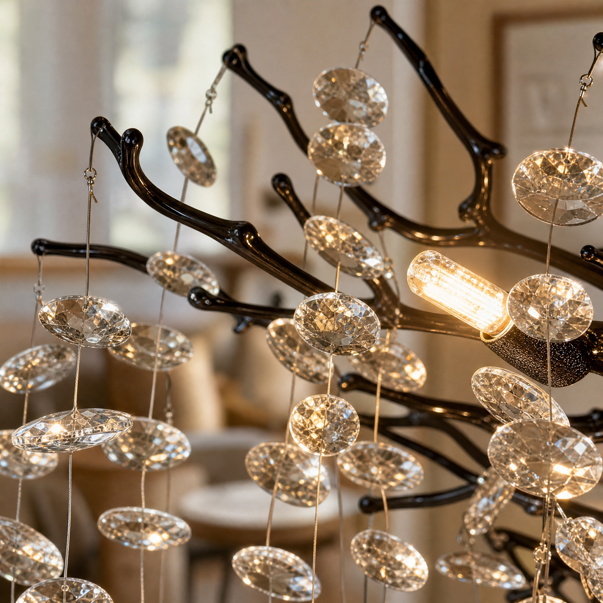 Matte Black Metal and Crystal Branch Chandelier