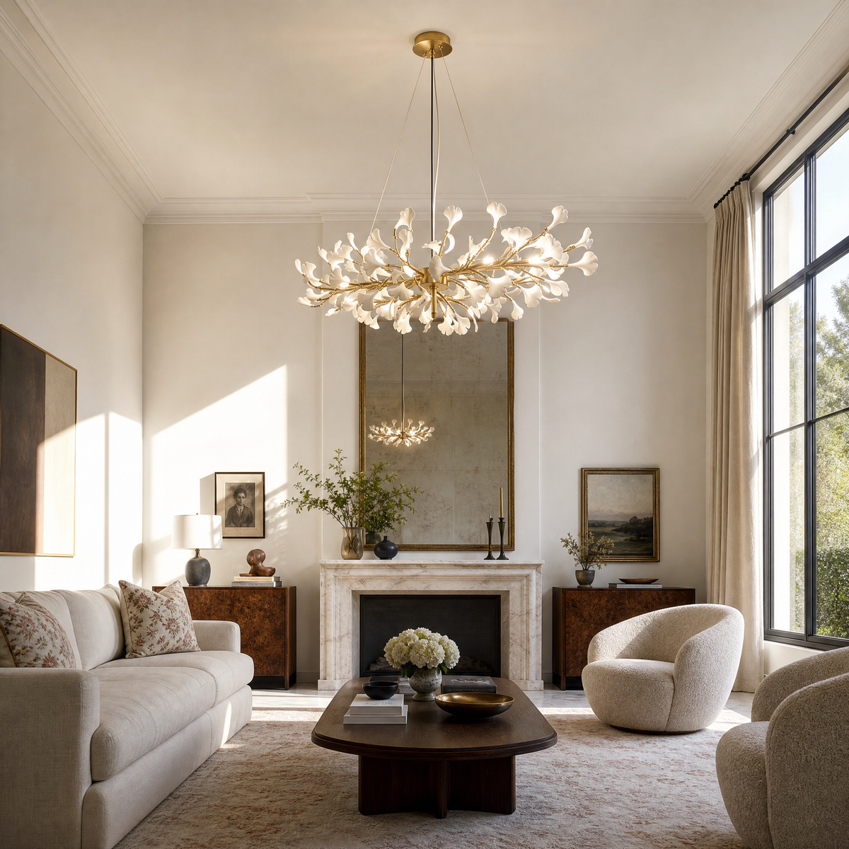 Gold Metal and White Floral Branch LED Chandelier