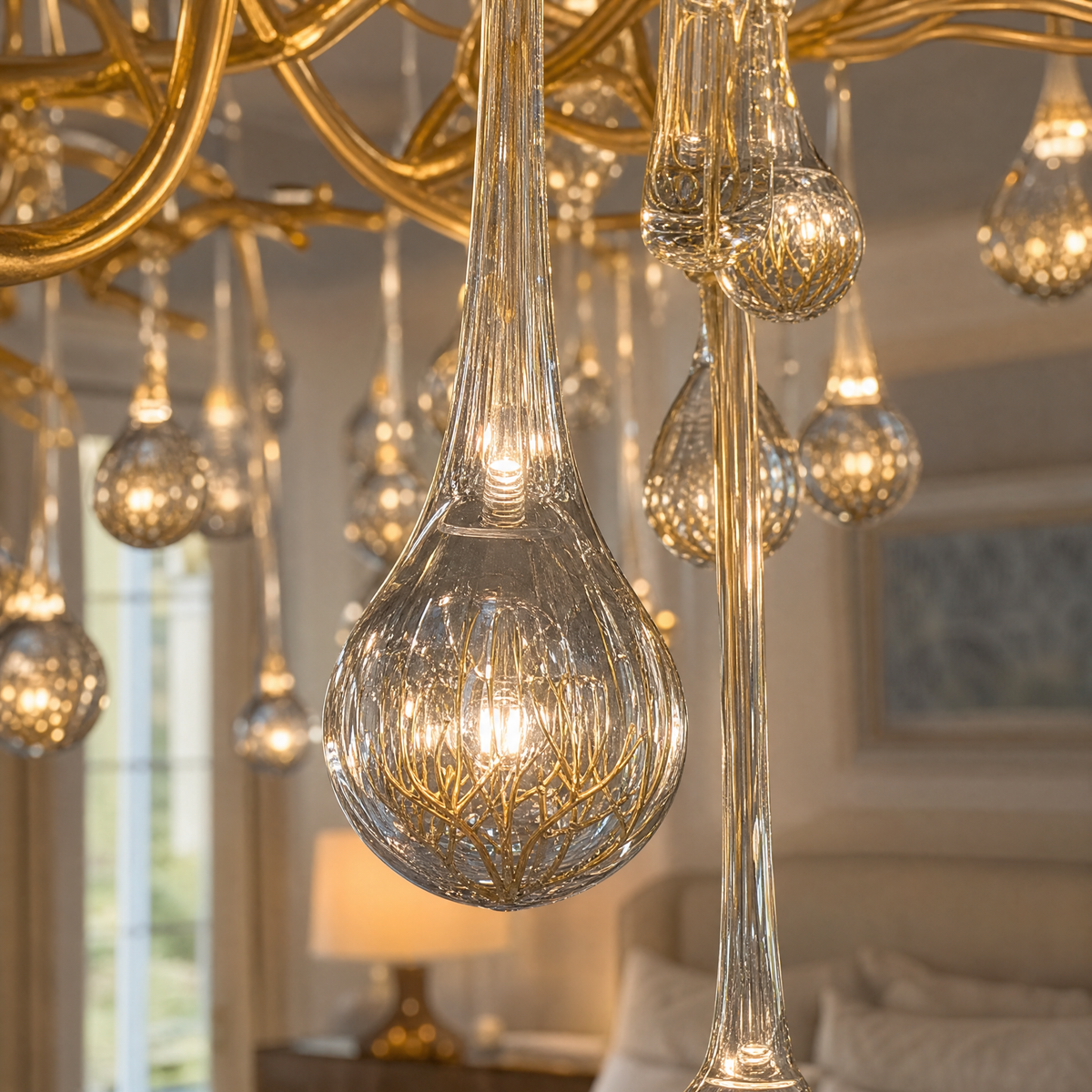 Gold Metal and Clear Crystal Teardrop Waterfall Chandelier
