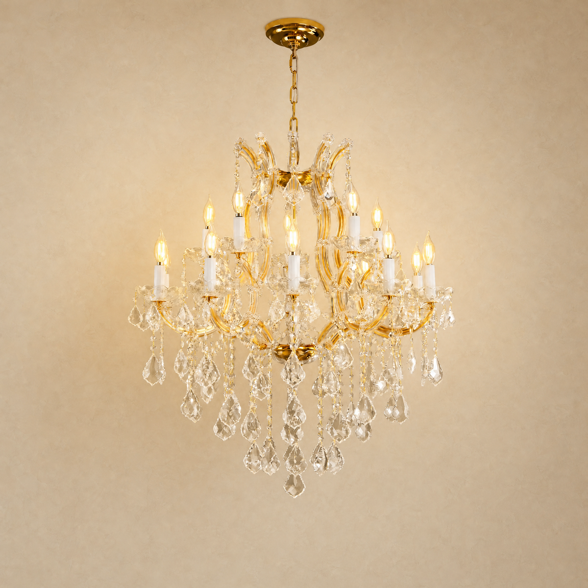 30" 15-Light 2-Tier Maria Theresa Crystal Chandelier - Gold