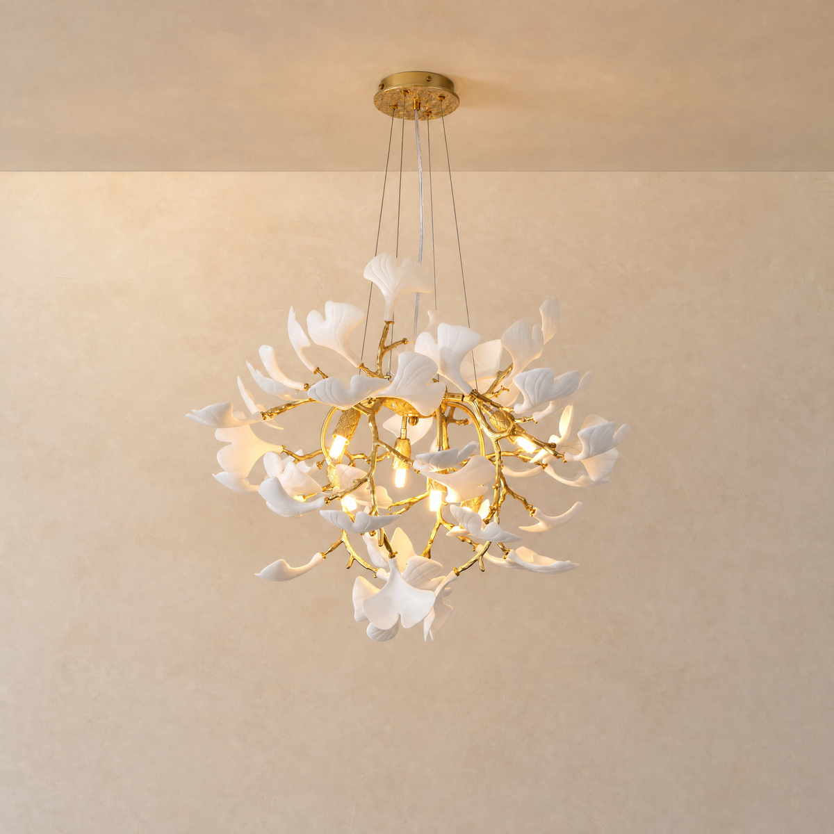 Elegant Ceramic Ginkgo Leaf Chandelier D600 - Matte Gold