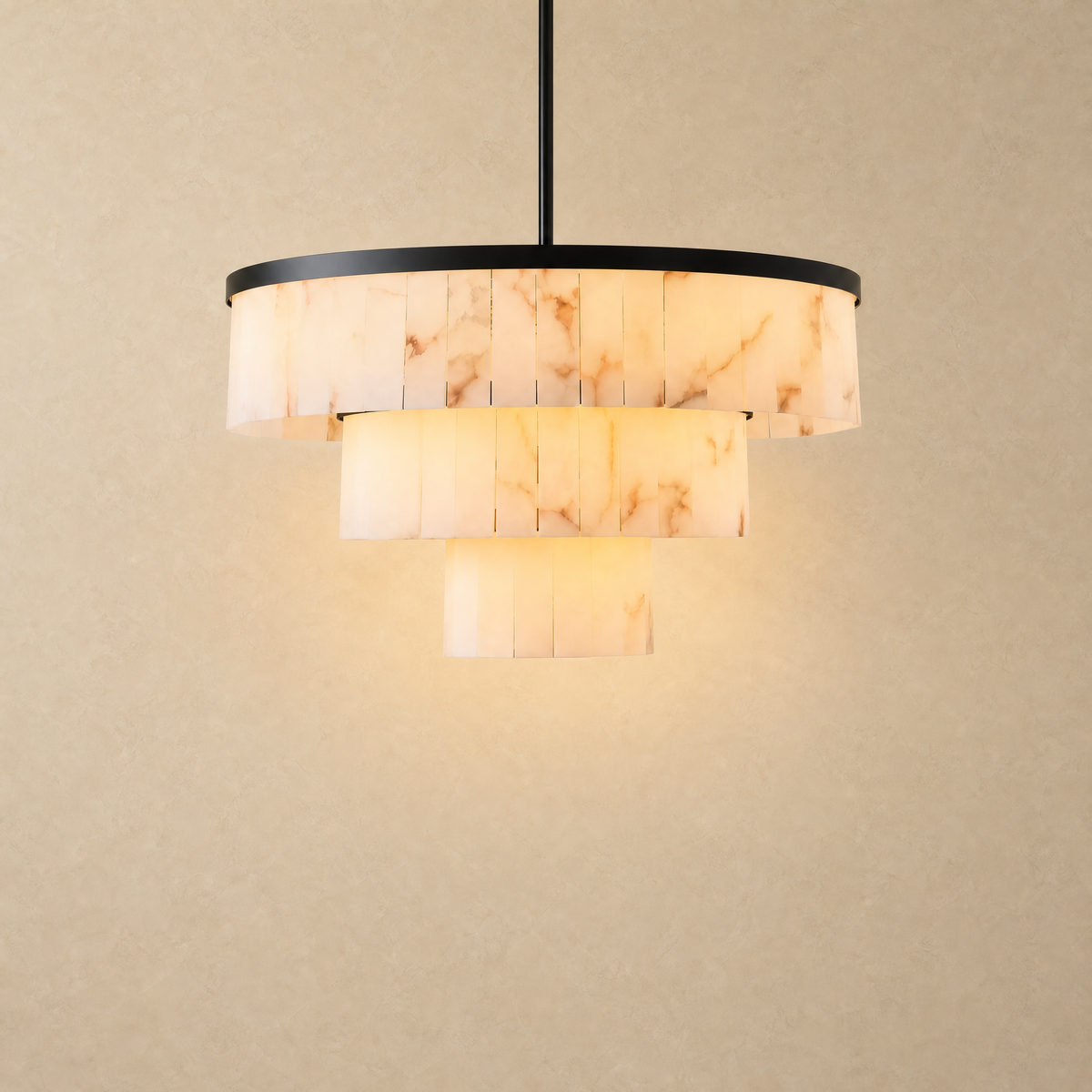34.3" 3-Tier Alabaster Round Chandelier - Black