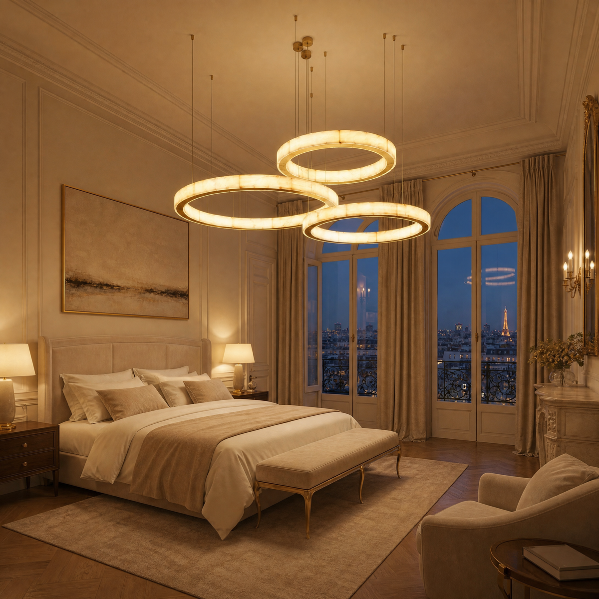 Haeia Triple-Ring Alabaster Chandelier