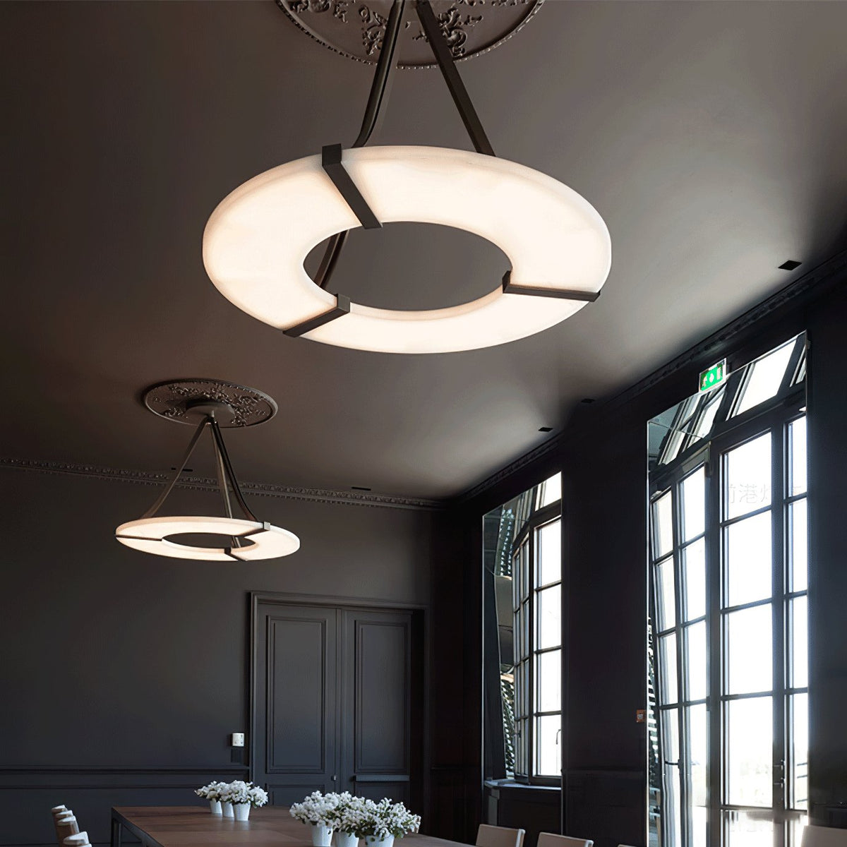 Alabaster Halo Pendant Light – Black & White LED Chandelier