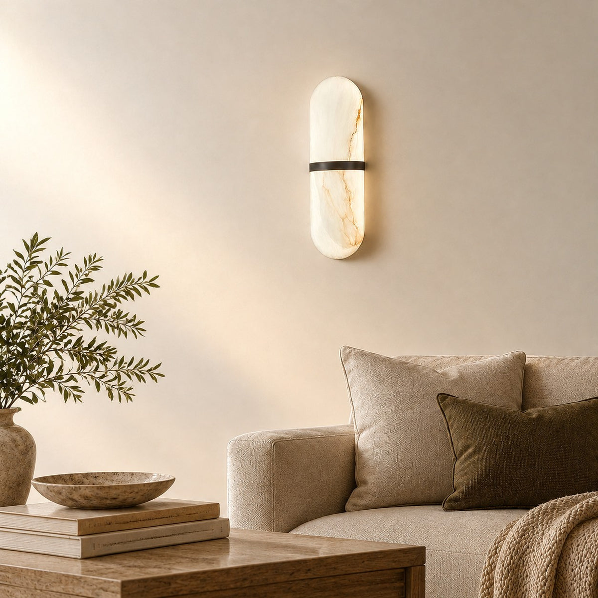 Alabaster Pill Wall Lamp, 3.9~4.7-Inch x H 15.7-Inch, Brass, Warm Light for Living Room & Dining Room