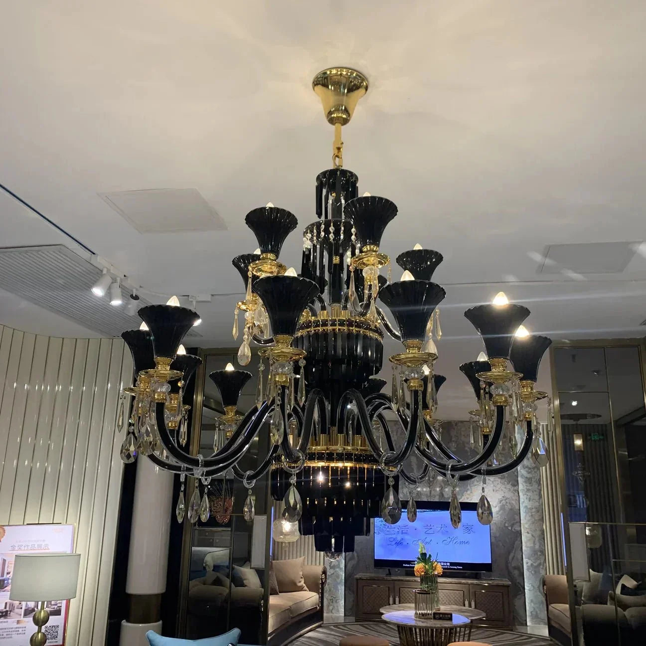 American Traditional Branch Crystal Chandelier with Candle Design in Black and Gold
