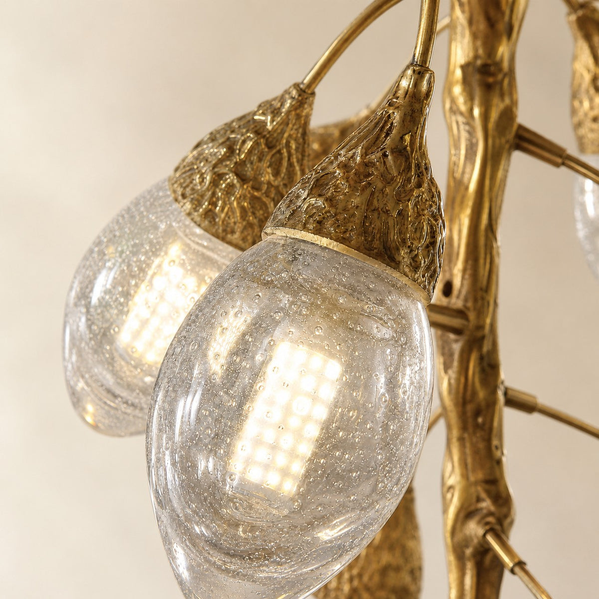 Antique Brass Metal and Glass Vine Branch Chandelier
