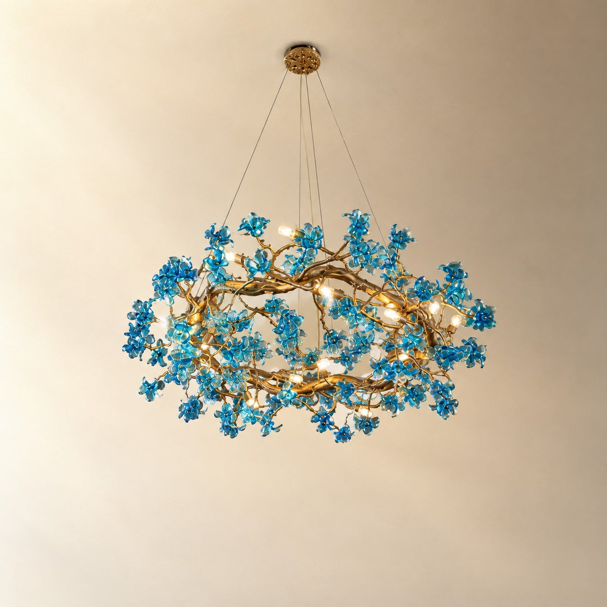 Blue Glass Floral Branch Chandelier with Gold Finish